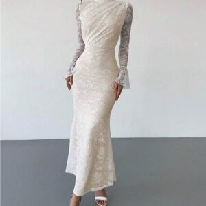 Elegant Lace Long Sleeve Cream Dress